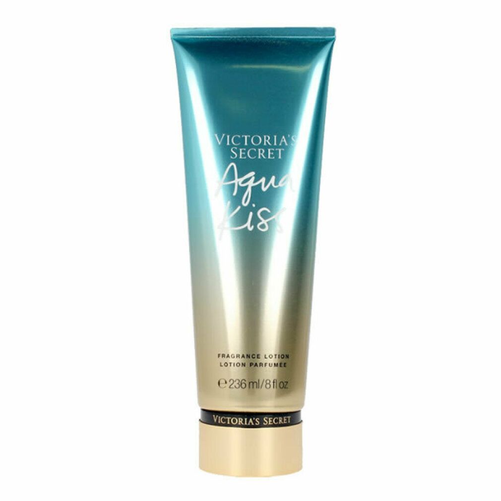Tubo di lozione sfumato blu-oro. Scritta: Victoria's Secret Aqua Kiss, Fragrance Lotion. Volume: 236ml/8 fl oz.