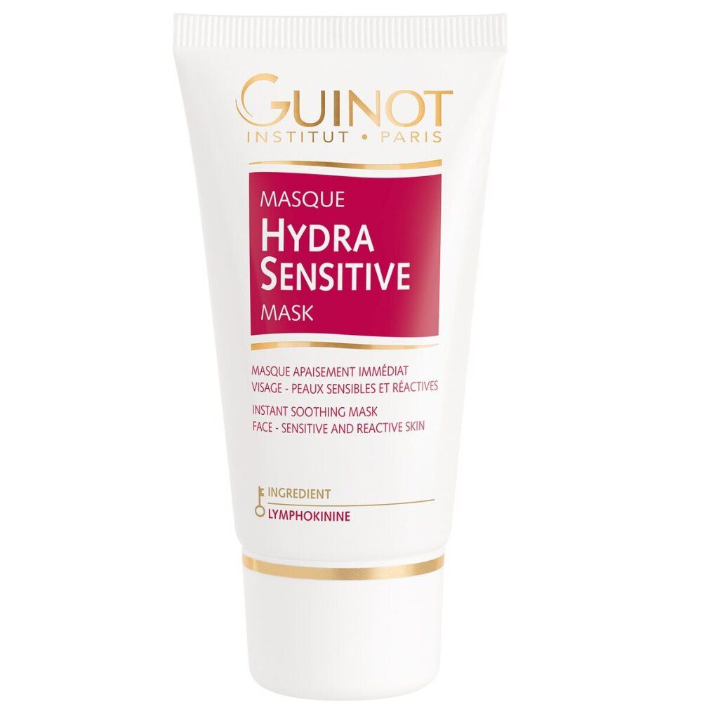 Tubo bianco con etichetta rossa. Scritta: Masque Hydra Sensitive Mask. Logo Guinot. Per pelli sensibili.