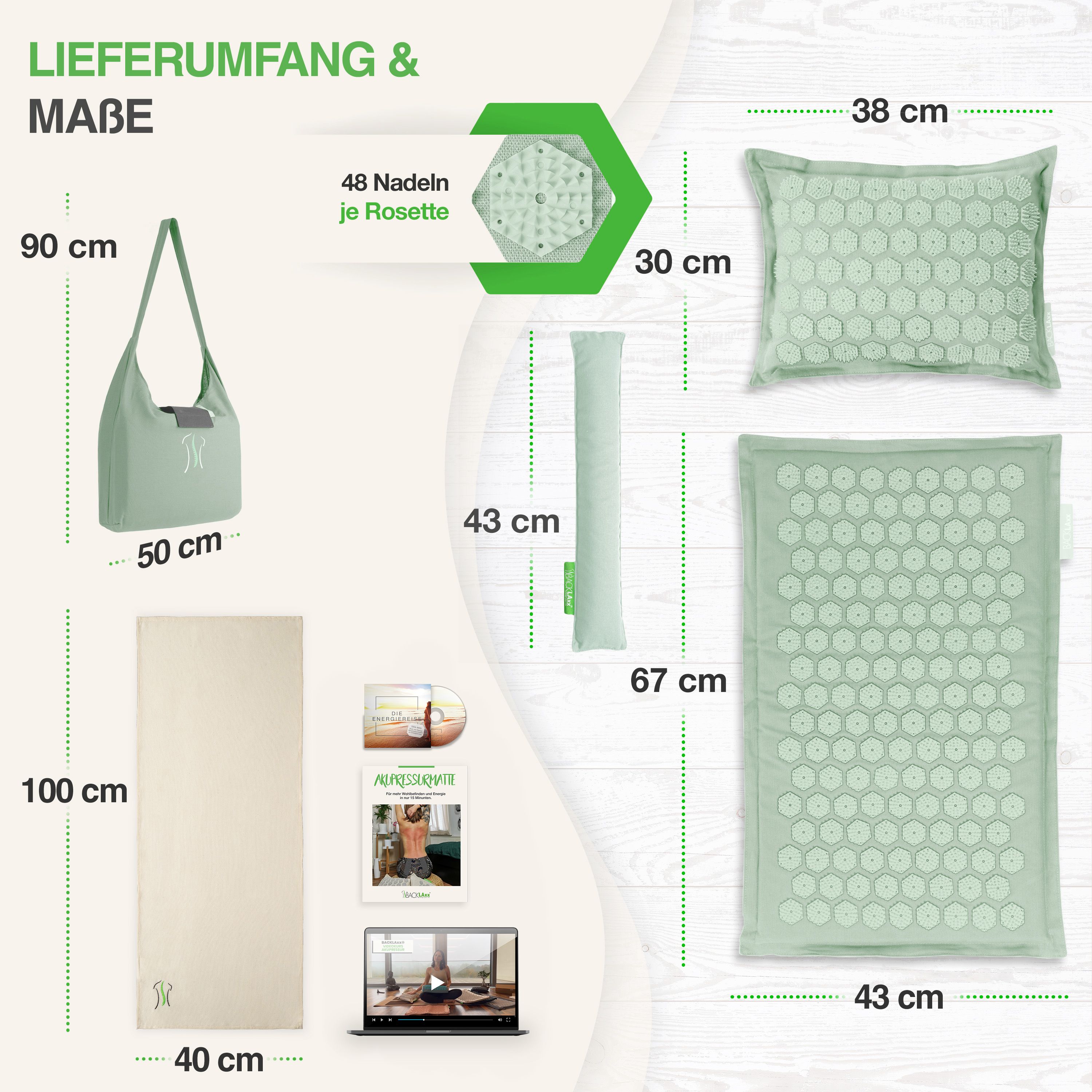 Set con tappetino, cuscino, borsa, asciugamano, e-book. Dimensioni: Tappetino 100x43cm, cuscino 38x30cm, borsa 90x50cm. 48 aghi per rosetta.