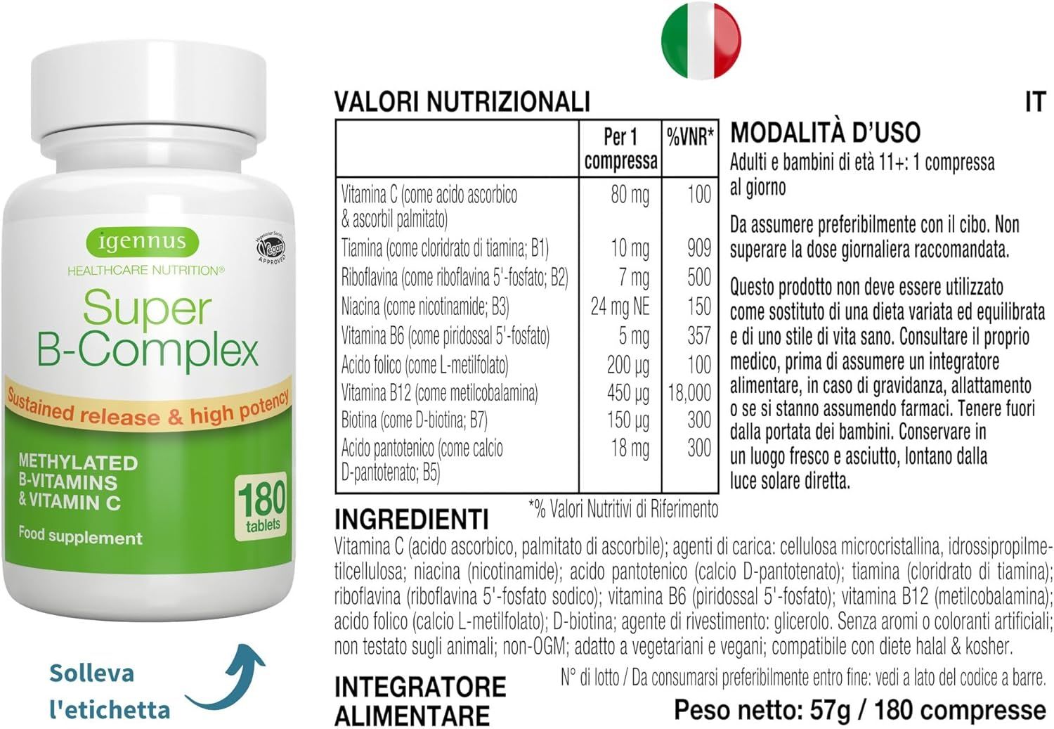 Flacone Super B-Komplex. Testo: Valori nutrizionali. Tabella delle informazioni nutrizionali. Sigillo vegano.