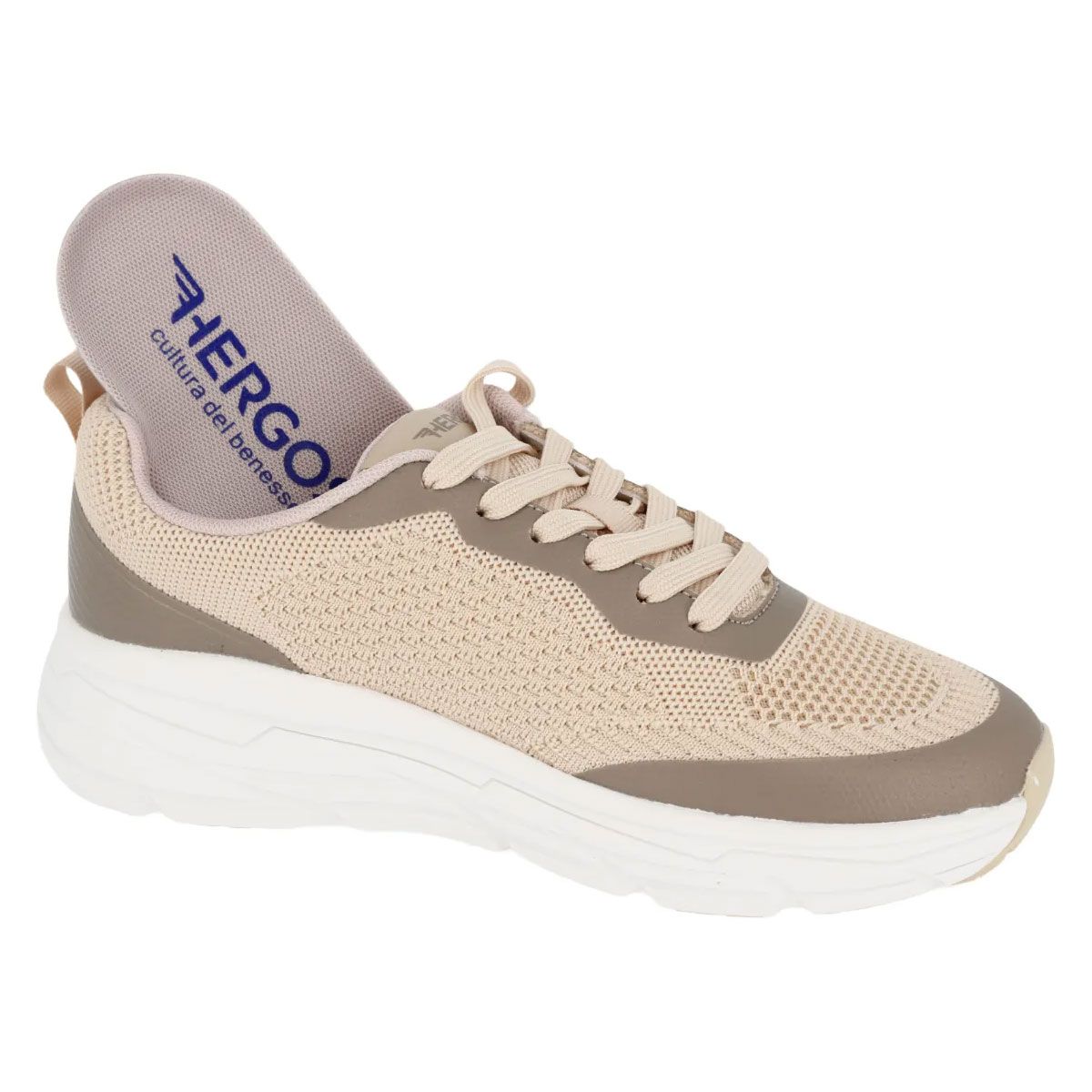 Sneaker beige con soletta rimovibile. Logo del marchio sulla soletta. Tomaia in mesh e lacci.