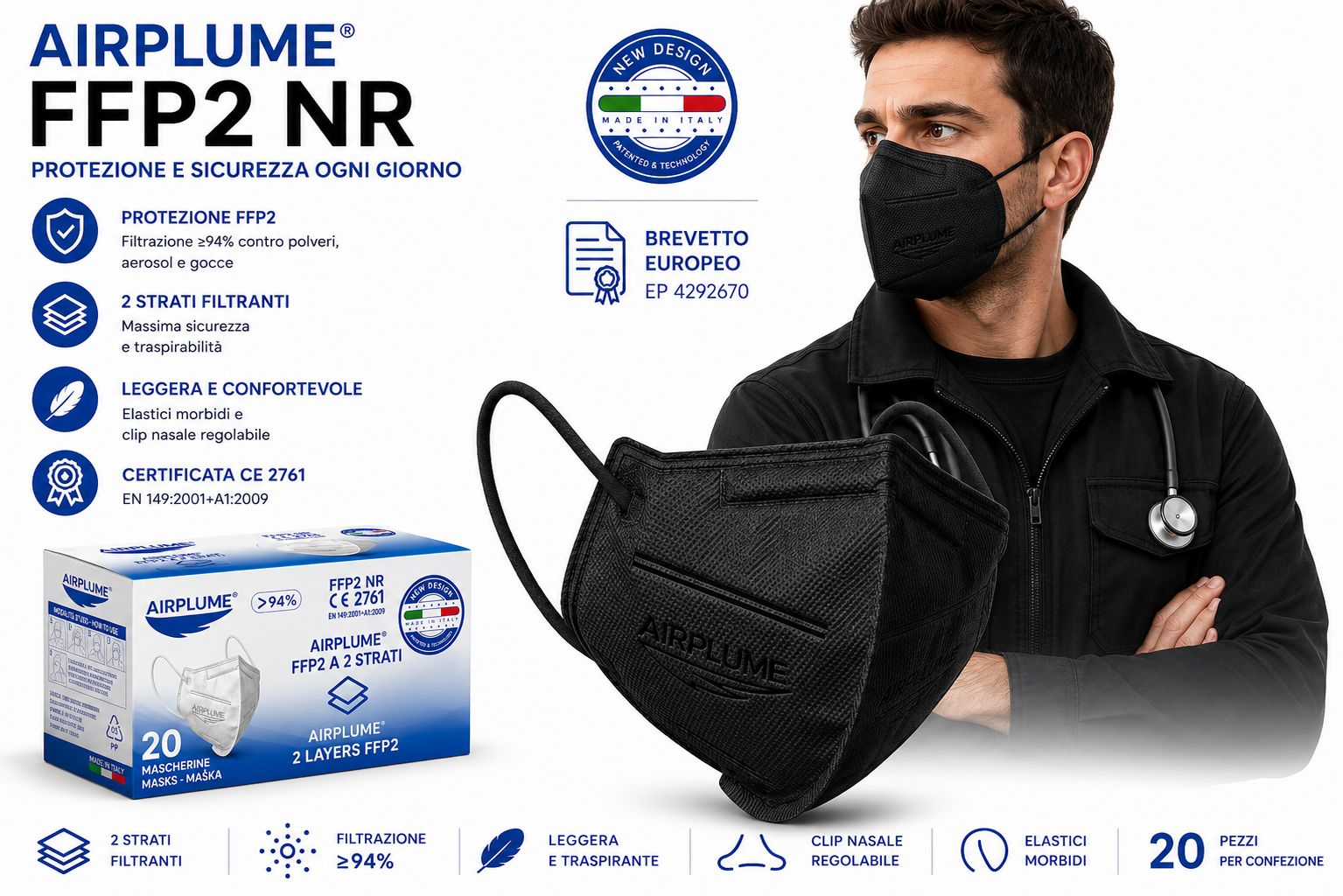 Maschera FFP2 nera con elastici per le orecchie, accanto a una confezione da 20 maschere. Informazioni su filtrazione e certificazione visibili.