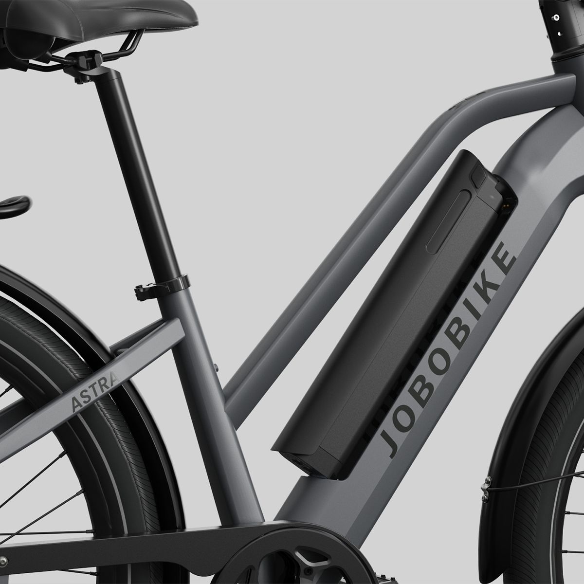 Telaio bici grigio con batteria nera. Logo JOBOBIKE sul telaio.