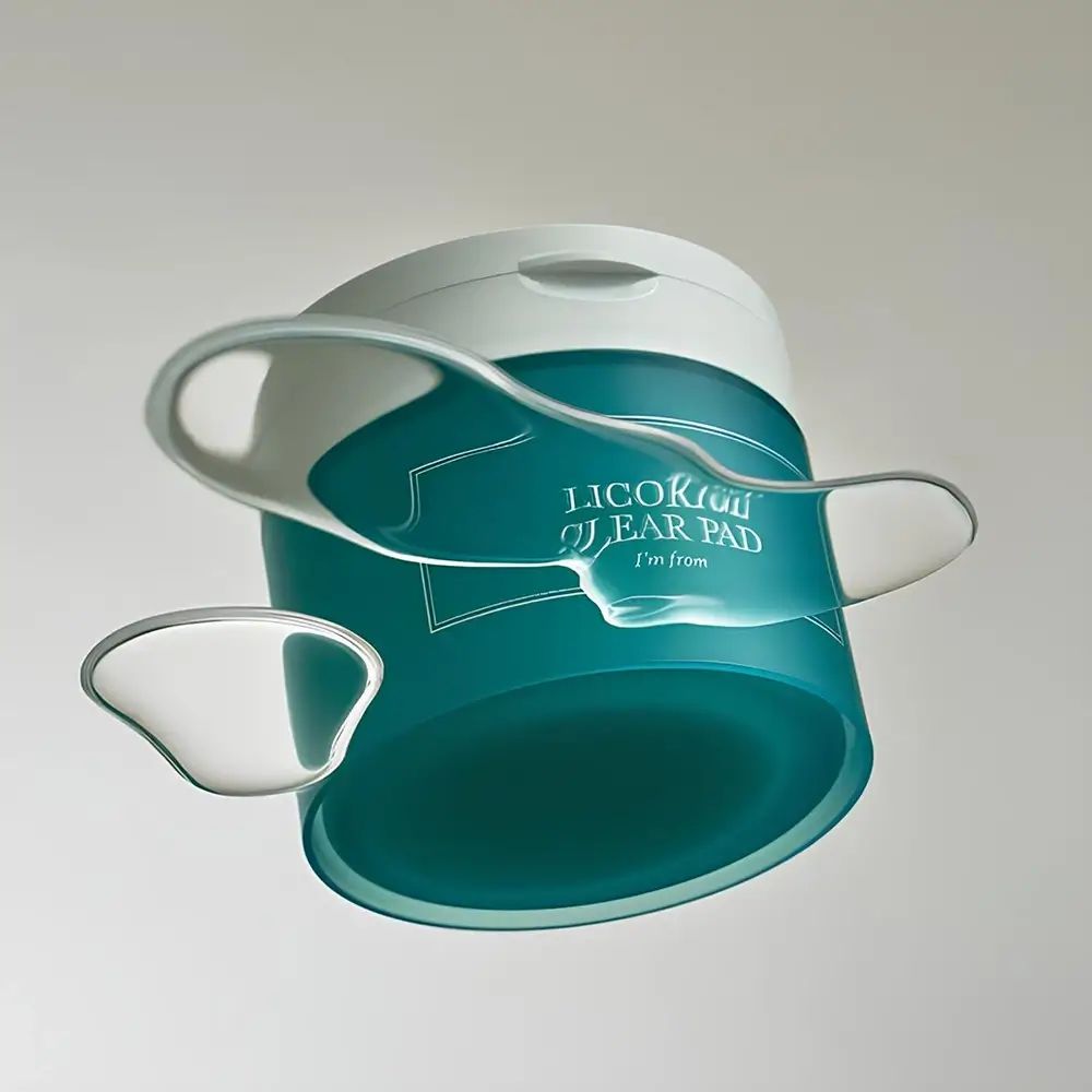 Confezione prodotto con pads. Barattolo blu, coperchio bianco. Pads trasparenti. Testo: LICORICE CLEAR PAD, I'm from.