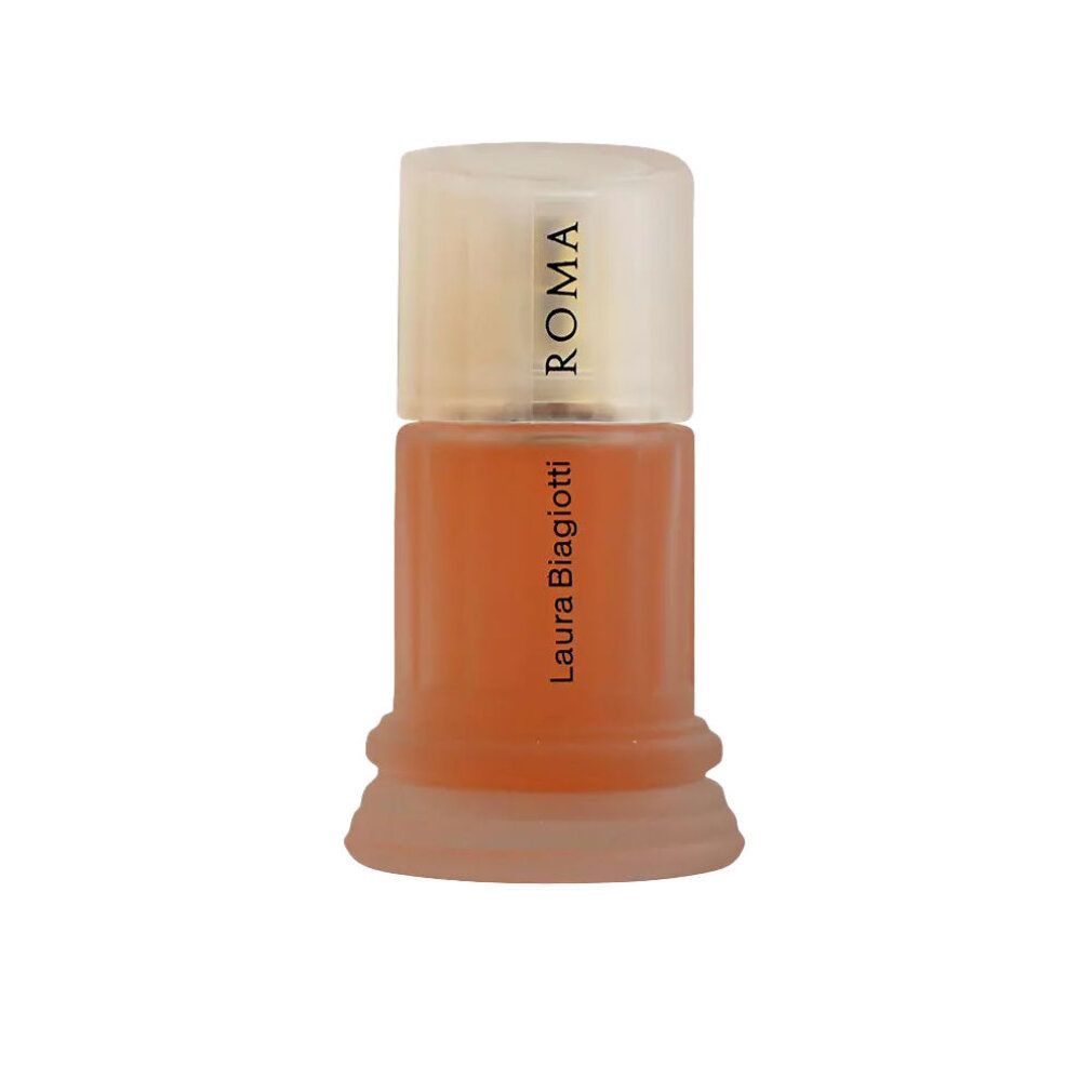 Flacone di profumo con liquido rosa, tappo bianco con scritta "ROMA". Logo "Laura Biagiotti".