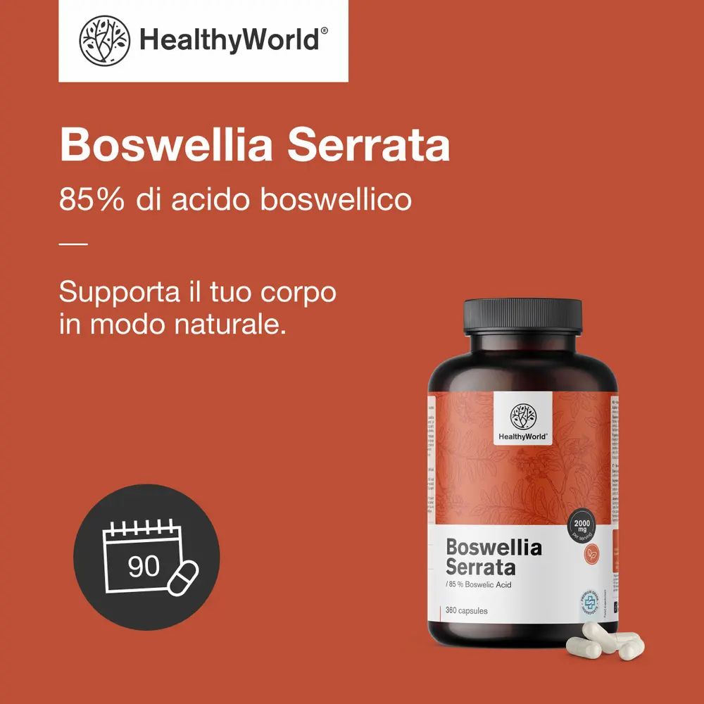 Bottiglia di Boswellia Serrata, 85% di acido boswellico, con testo sul segreto della tradizione ayurvedica.
