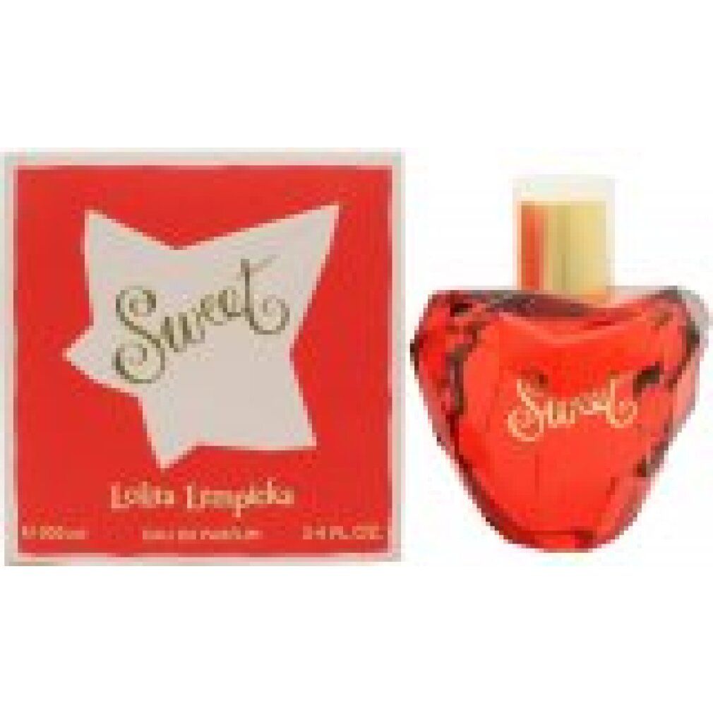Flacone a cuore rosso con tappo dorato accanto alla confezione rossa con scritta Sweet. Eau de Parfum.