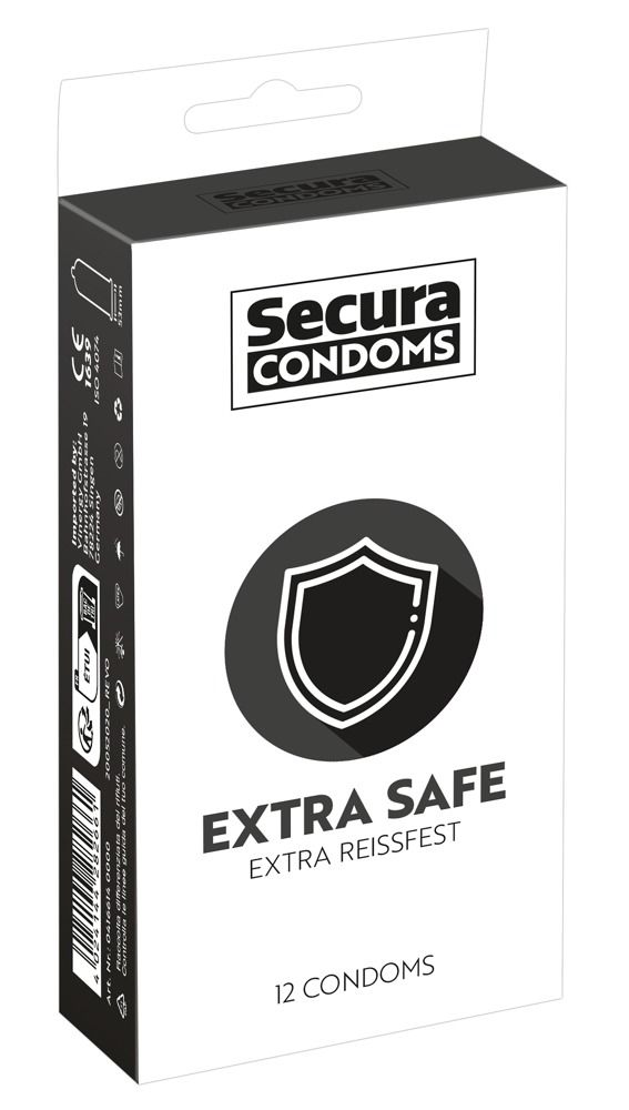 Confezione da 12 preservativi Secura Extra Safe, con marchio CE e norma ISO.