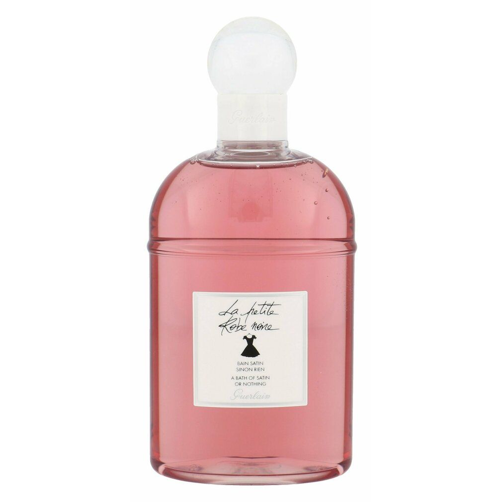 Flacone con liquido rosa, etichetta bianca e tappo. Sull'etichetta: vestito nero, testo. Logo Guerlain.