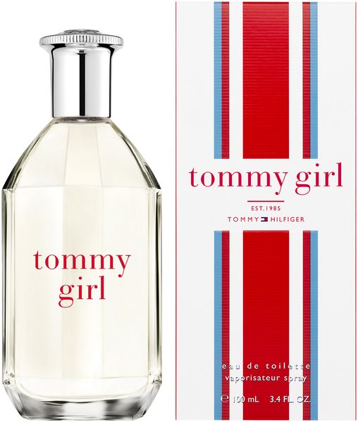 Flacone e confezione Tommy Girl. Flacone con tappo argentato, scritta "tommy girl". Confezione a strisce rosse e blu.