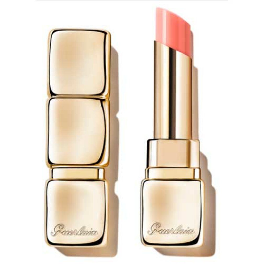 Due rossetti dorati. Uno chiuso, l'altro aperto con rossetto rosa. Marchio Guerlain.