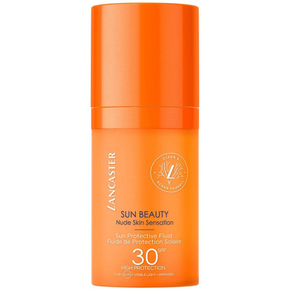 Flacone arancione di crema solare SUN BEAUTY SPF 30, logo Lancaster e sigillo vegano. Protezione solare.