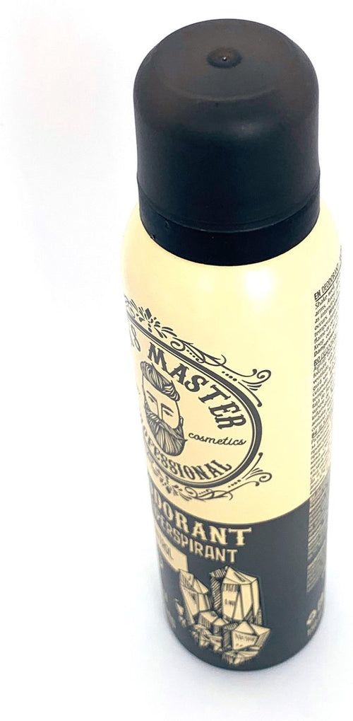 Bomboletta spray deodorante, vista dall'alto. Tappo nero, bomboletta color crema con logo e testo. Scritta: Men's Master Professional Deodorant.