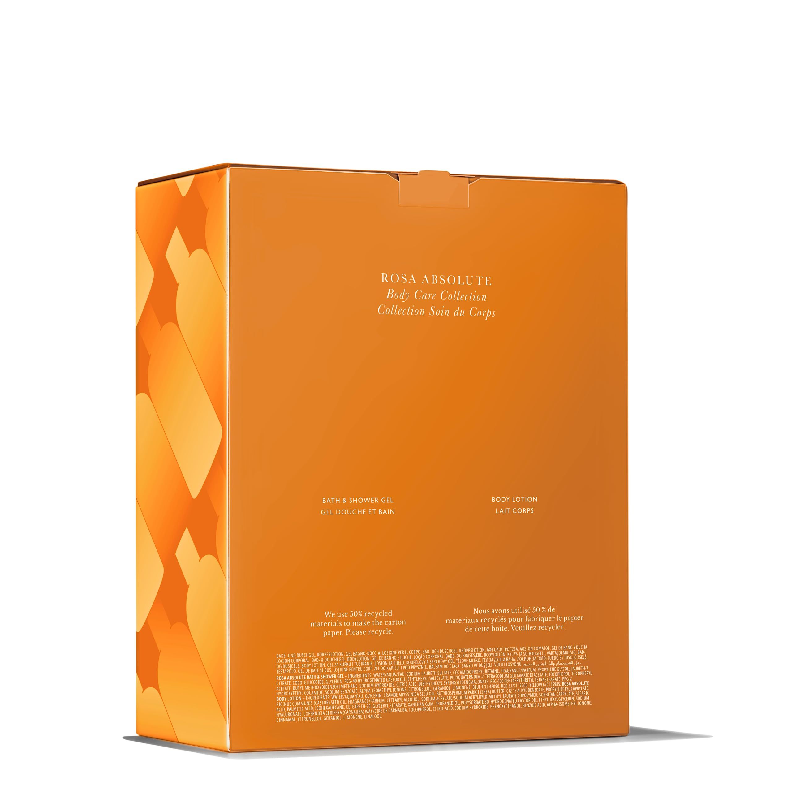 Confezione regalo arancione. Scritta: Rosa Absolute Body Care Collection. Contiene bagnoschiuma e lozione corpo.