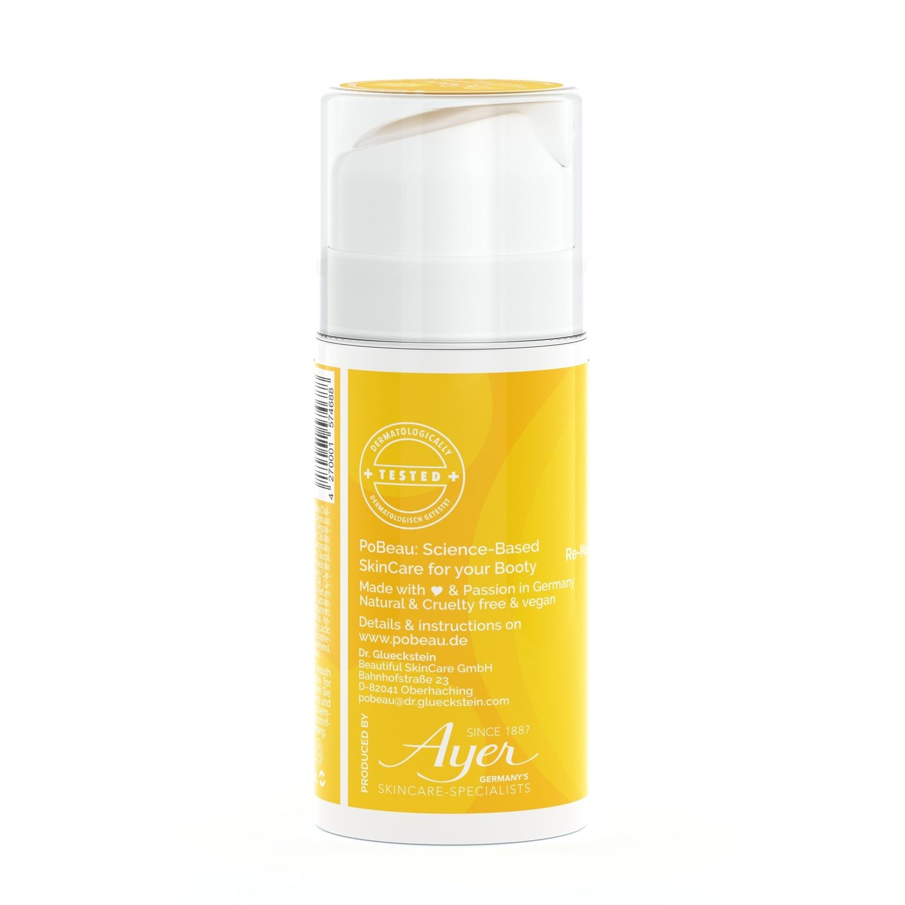 Flacone giallo con tappo bianco. Scritta: Pobeau Science-Based SkinCare for your Booty. Logo: Testato. Testo e logo: Ayer.