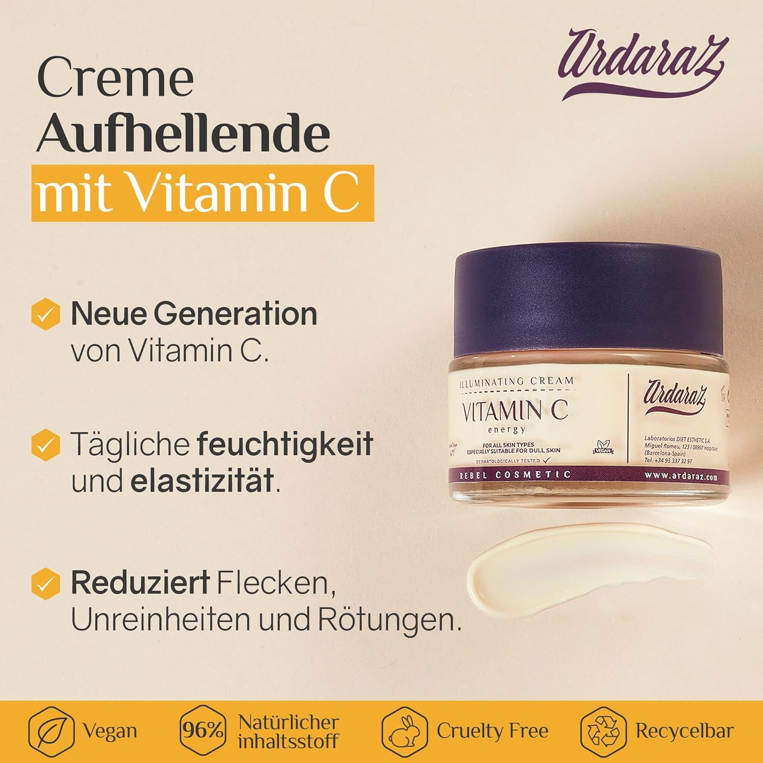 Crema con vitamina C. Testo: Nuova generazione, idratazione quotidiana, riduce le macchie. Vegano, 96% ingredienti naturali.