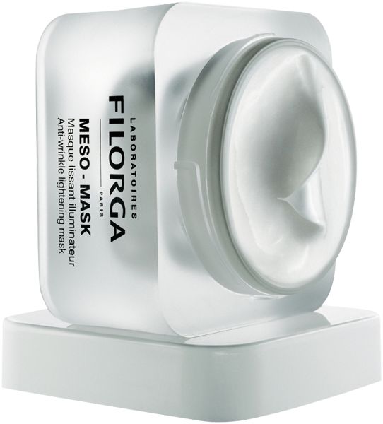 Crema in contenitore trasparente. Scritta: FILORGA, MESO-MASK, Anti-Wrinkle lightening mask. Su base bianca.