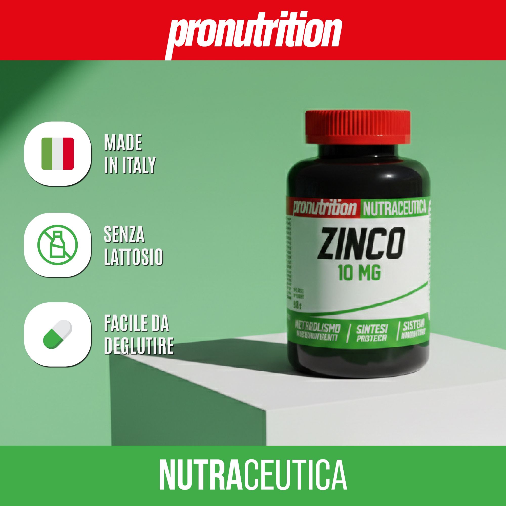 Flacone nero, tappo rosso. Scritta ZINCO 10 MG. Testo: NUTRAZEUTICA. Testo: Made in Italy, senza lattosio, facile da deglutire.