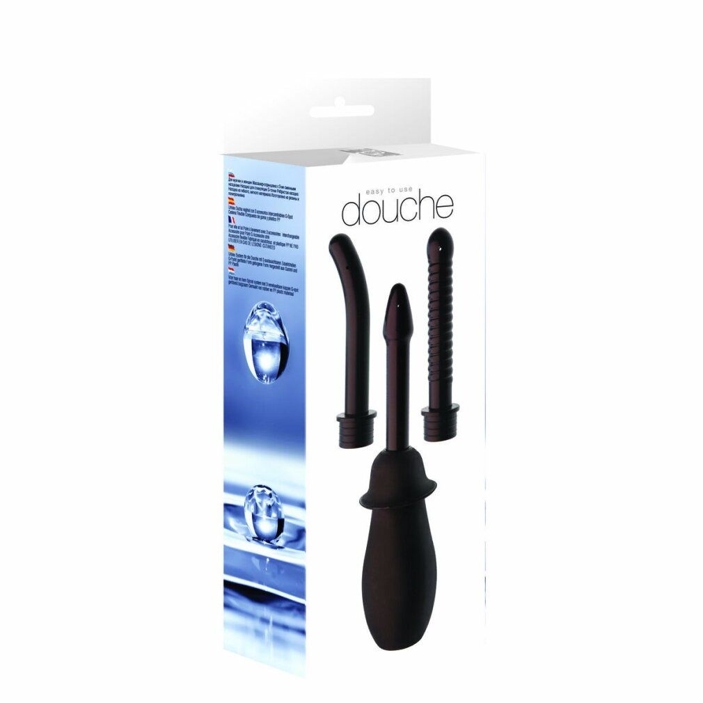 Kit per doccia anale nero in confezione. Include una sacca e tre accessori. Sulla confezione è scritto "douche".