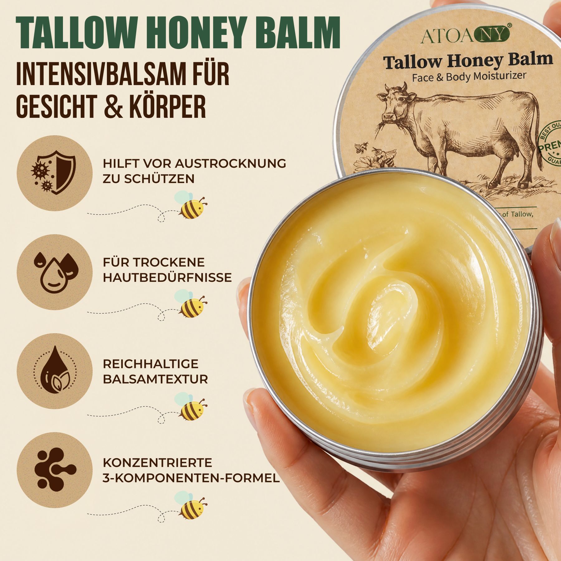 Tallow Honey Balm, balsamo intensivo per viso e corpo, in barattolo metallico rotondo.