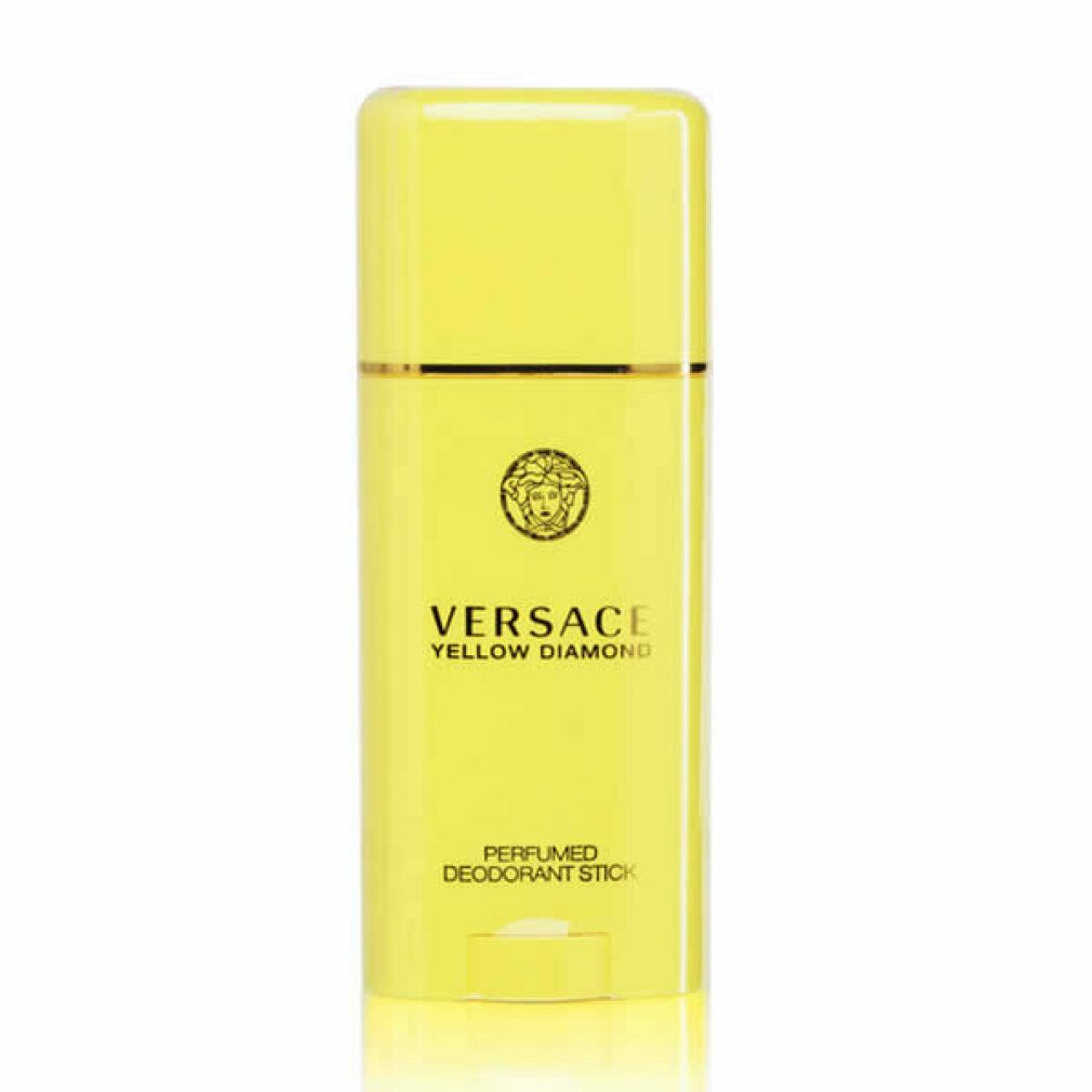Stick deodorante giallo Versace Yellow Diamond. Forma rettangolare, dettagli dorati e logo. Scritta: Perfumed Deodorant Stick.
