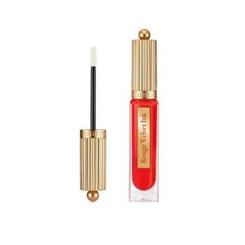 Rossetto Bourjois Rouge Velvet Ink, colore 08 Coquelic'Hot, con tappo dorato e applicatore.