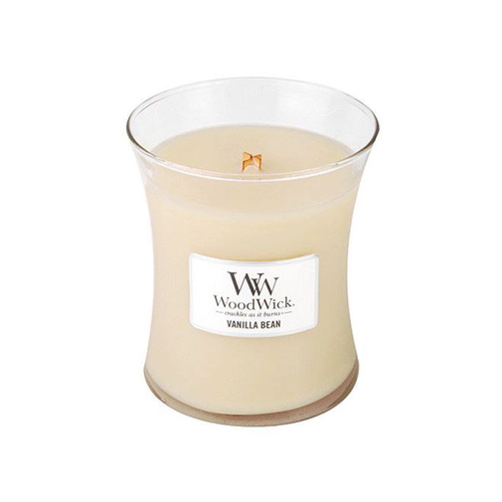 Candela a forma di clessidra senza coperchio. Scritta: WoodWick, Vanilla Bean.
