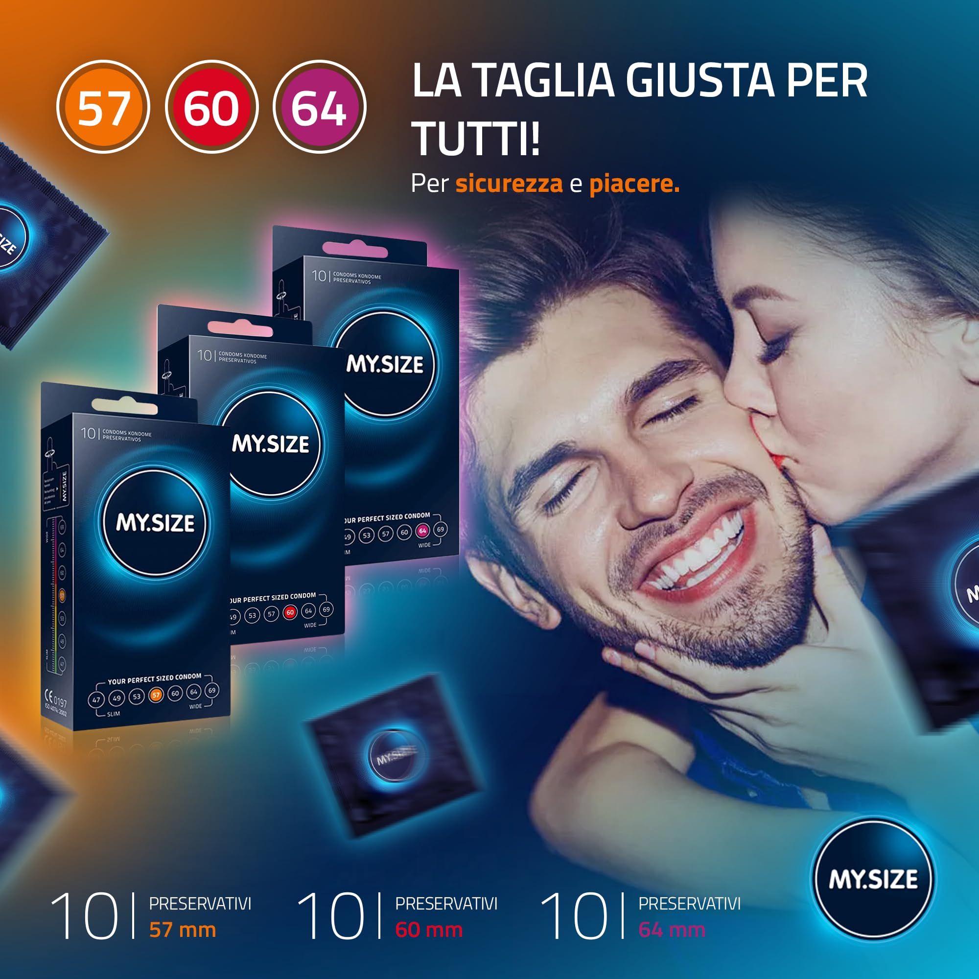 Coppia che si bacia, circondata da pacchi di preservativi MY.SIZE Classic e preservativi singoli.