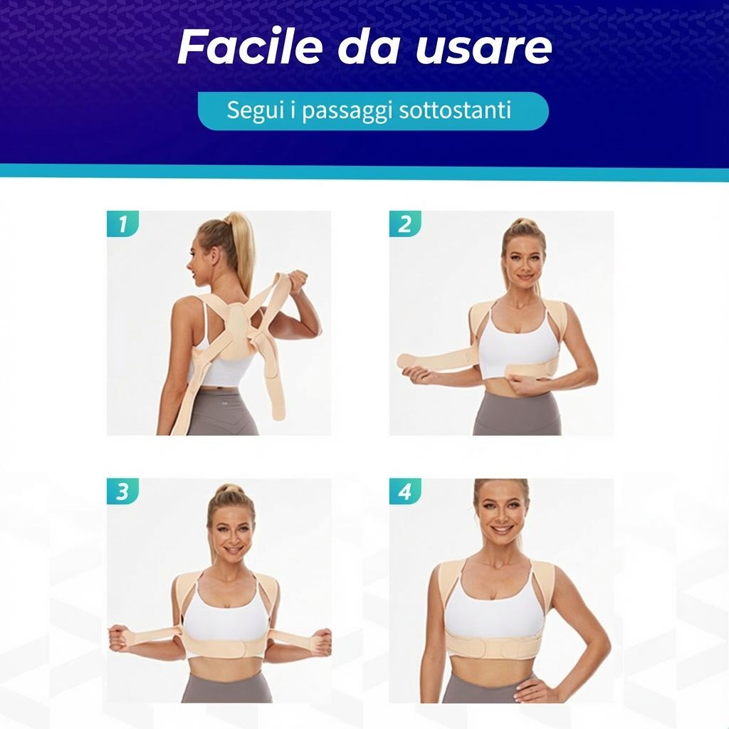 Istruzioni: passaggi 1-4. Donna che mostra l'uso. Testo: « Facile da usare ». Italiano.