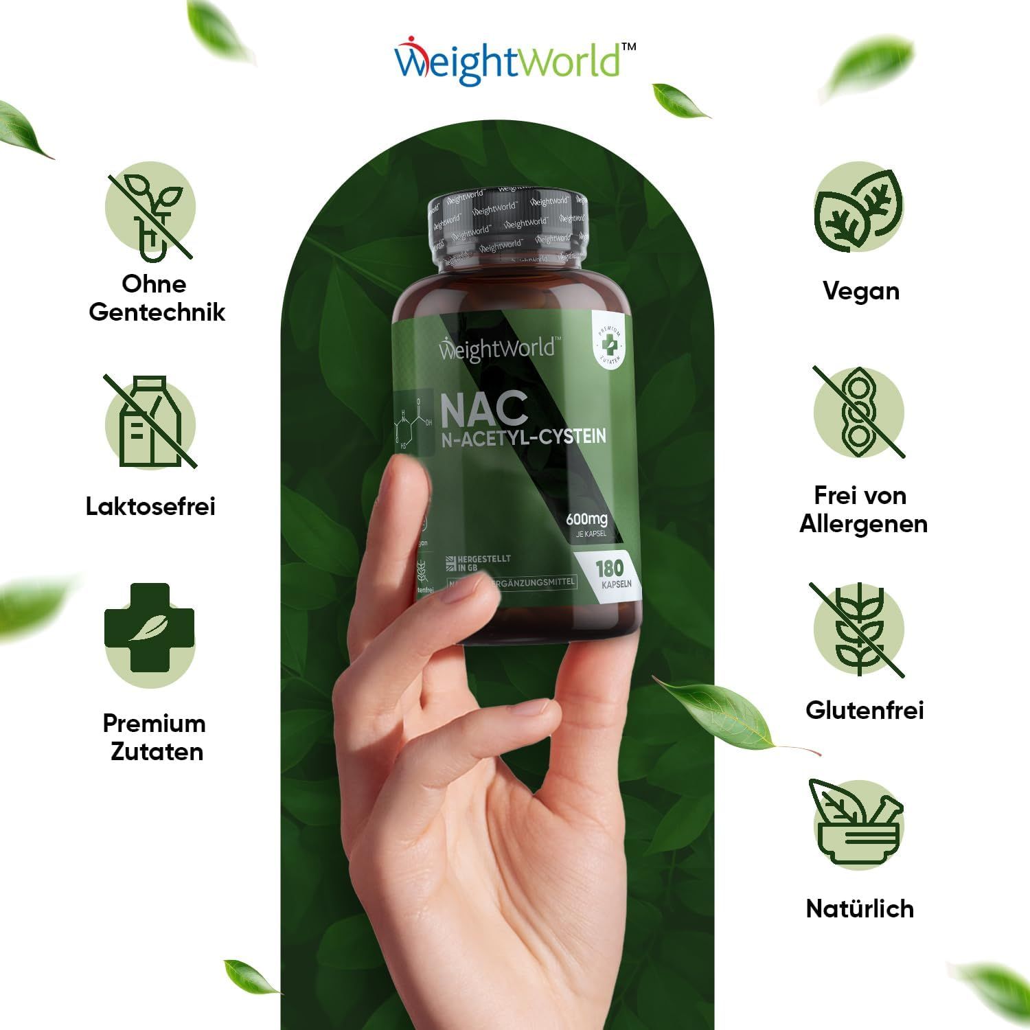 Mano che tiene flacone su sfondo verde. Scritta: WeightWorld, NAC N-Acetilcisteina, 180 capsule. Icone: vegano, senza glutine, premium.