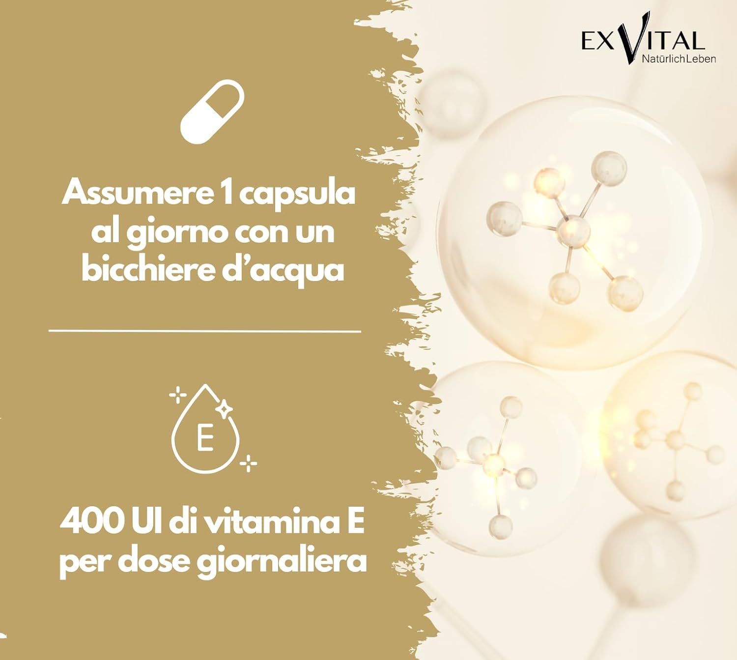Icona capsula e testo: assumere 1 capsula al giorno con acqua. 400 UI di vitamina E per dose giornaliera.