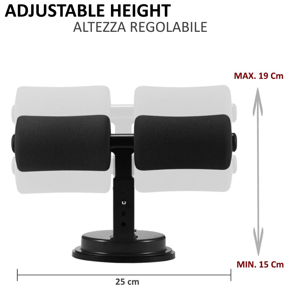 Barra per sit-up con altezza regolabile. Nera, maniglie in schiuma. Dimensioni: 15-19 cm altezza, 25 cm larghezza.