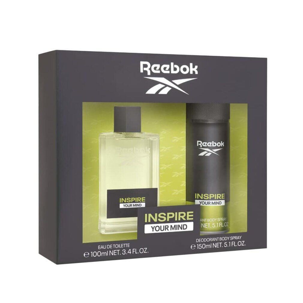 Set regalo Reebok. Contiene Eau de Toilette e deodorante spray. Confezione nera con logo e nome del prodotto. Flaconi con scritte.