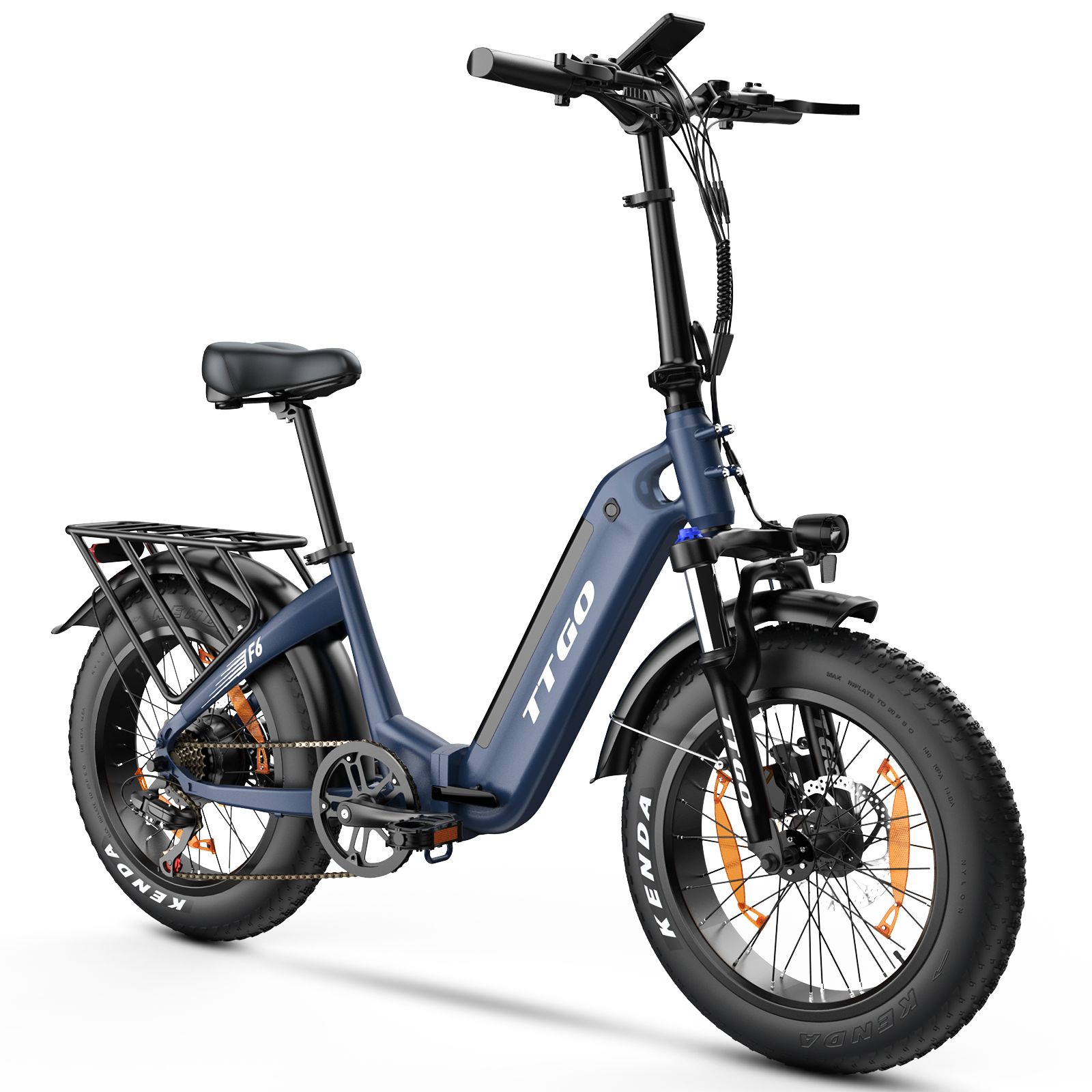 E-bike pieghevole blu scuro. Pneumatici neri Kenda. Portapacchi, sella, parafanghi. Logo TTGO.