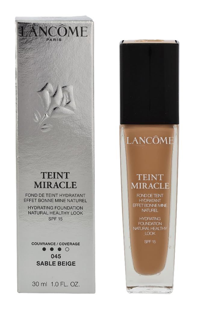 Fondotinta liquido in bottiglia di vetro e confezione. Scritte: Lancôme, Teint Miracle, SPF 15, 045 Sable Beige. 30 ml.