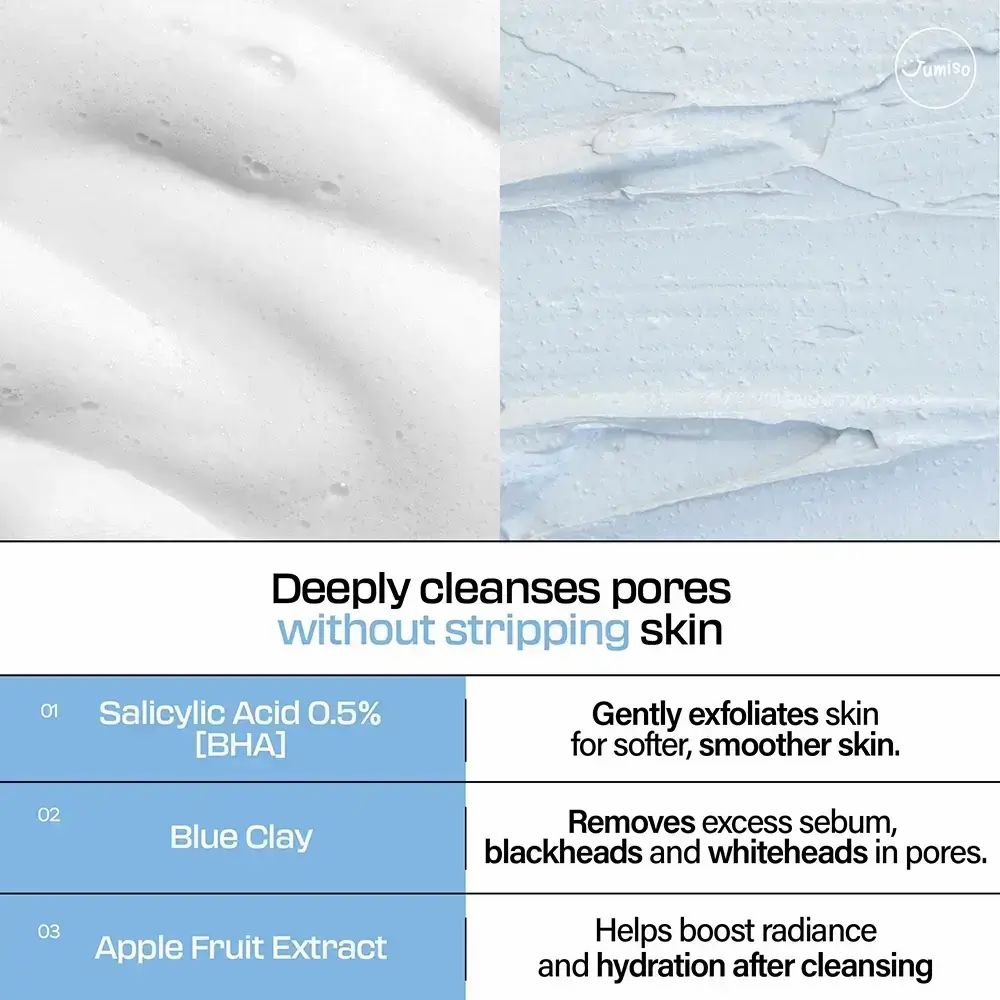 Due texture: schiuma e pasta blu. Testo: Pulisce a fondo i pori senza seccare. Ingredienti: acido salicilico, argilla blu, estratto di frutta di mela.