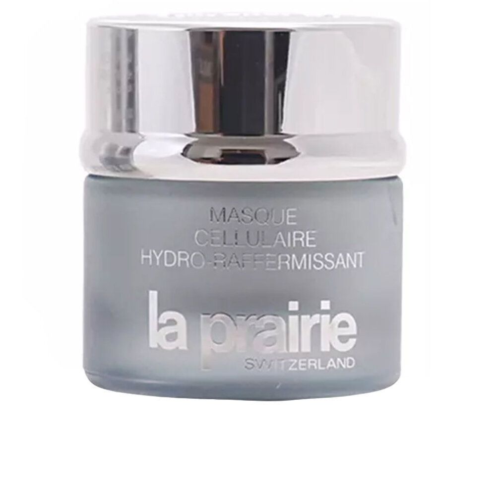 Vaso in vetro grigio con coperchio argentato. Scritta: Masque Cellulaire Hydro-Raffermissant, La Prairie. Nome del prodotto e marchio.