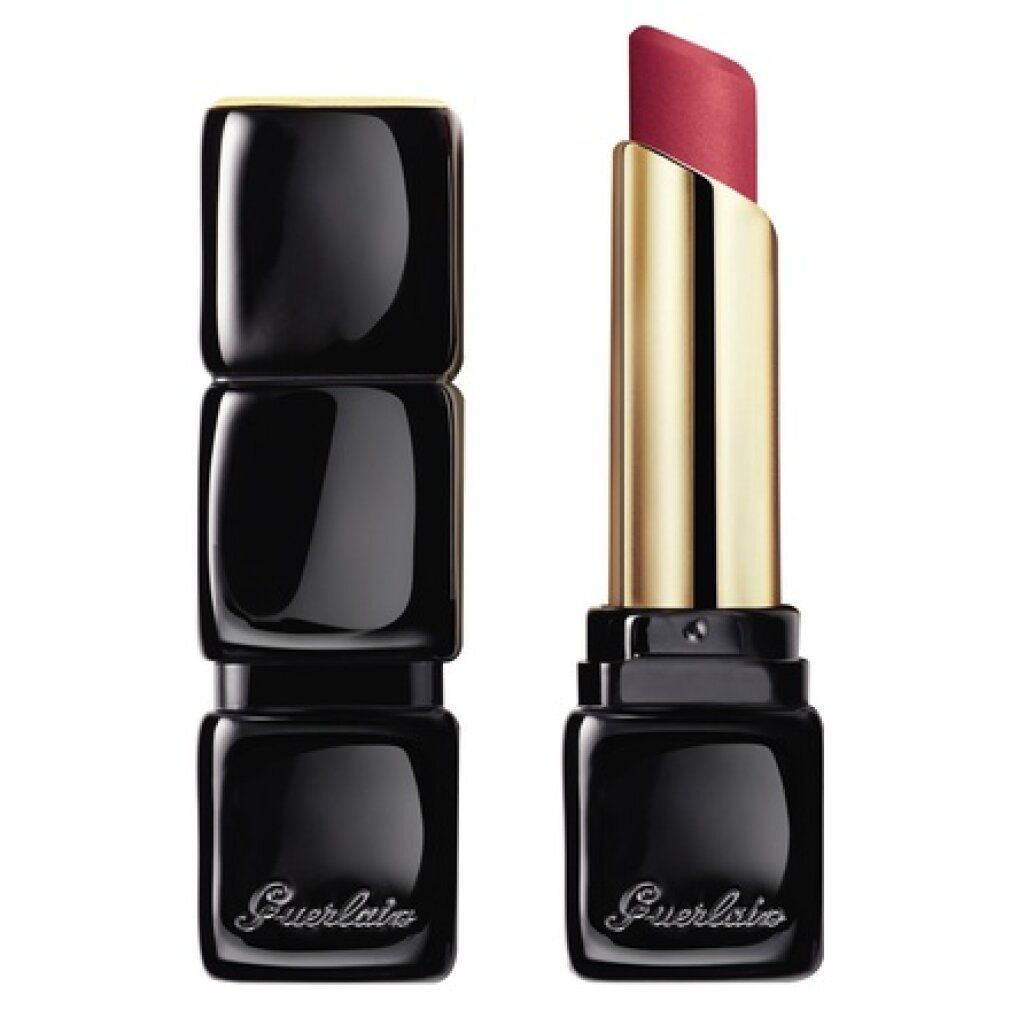Rossetto rosa, astuccio dorato, cappuccio nero. Aperto, stick visibile. Marchio Guerlain.