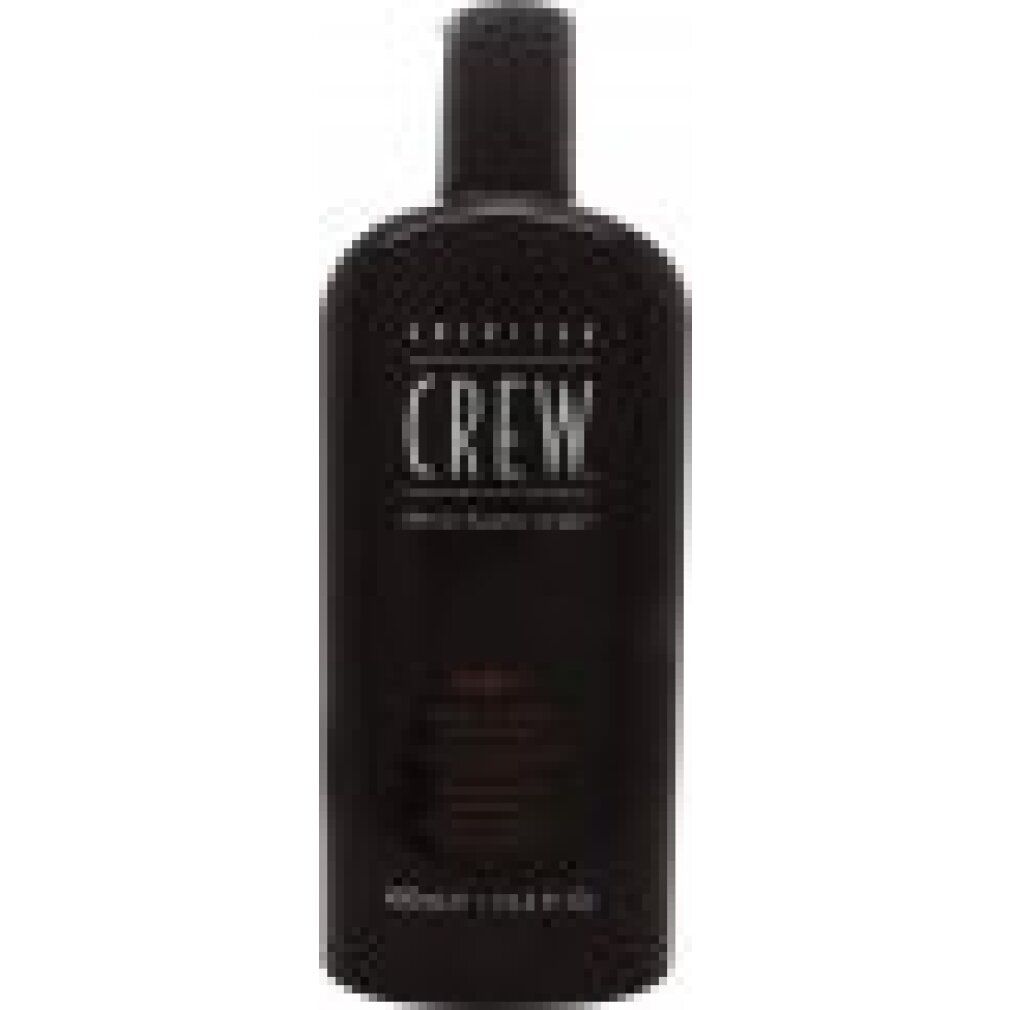 Flacone nero con tappo nero. Scritta: AMERICAN CREW. Contiene shampoo, balsamo e bagnoschiuma. 450ml.