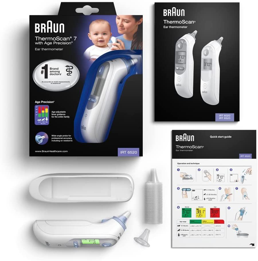 Braun ThermoScan 7, accessori e confezione. Contiene: termometro, custodia protettiva, punte di ricambio, manuale d'uso.