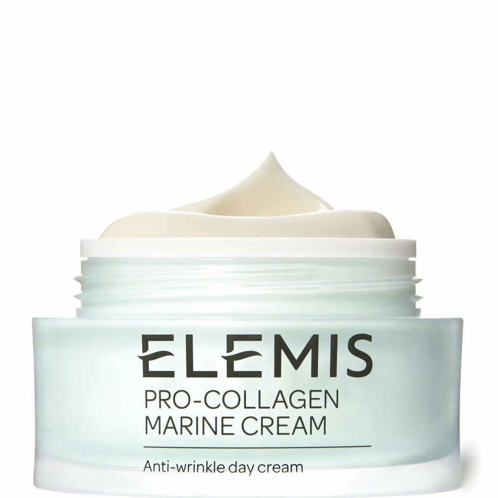 Vasetto Elemis Pro-Collagen Marine Cream, aperto. Crema visibile. Testo: Pro-Collagen Marine Cream, Anti-Wrinkle Day Cream.