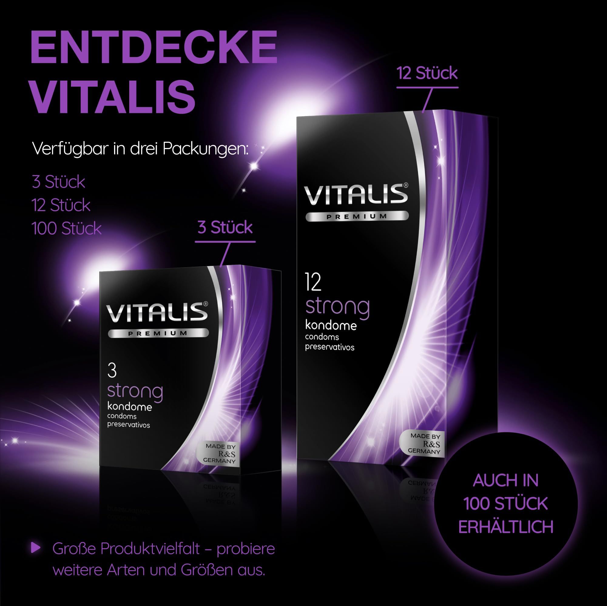 Preservativi Vitalis: Disponibili in confezioni da 3, 12 e 100 pezzi.