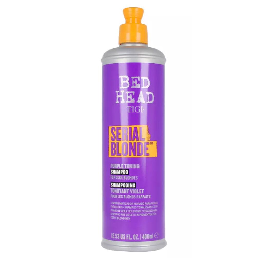 Shampoo viola Bed Head Tigi. Bottiglia con tappo giallo. Scritta: Serial Blonde, Purple Toning Shampoo.