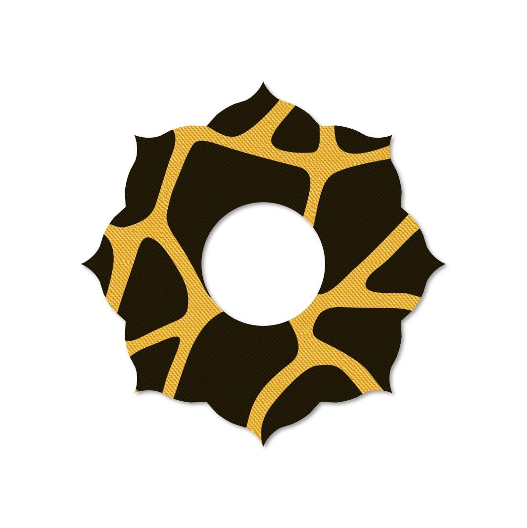 Anello di fissaggio rotondo con motivo giallo su sfondo nero. Foro centrale. Bordo a forma di petalo.