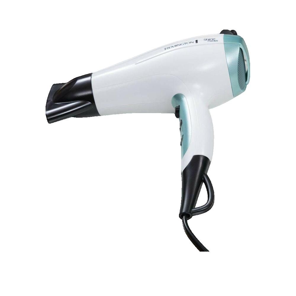 Asciugacapelli bianco con dettagli neri e azzurri. Impugnatura e bocchetta nere. Logo Remington.
