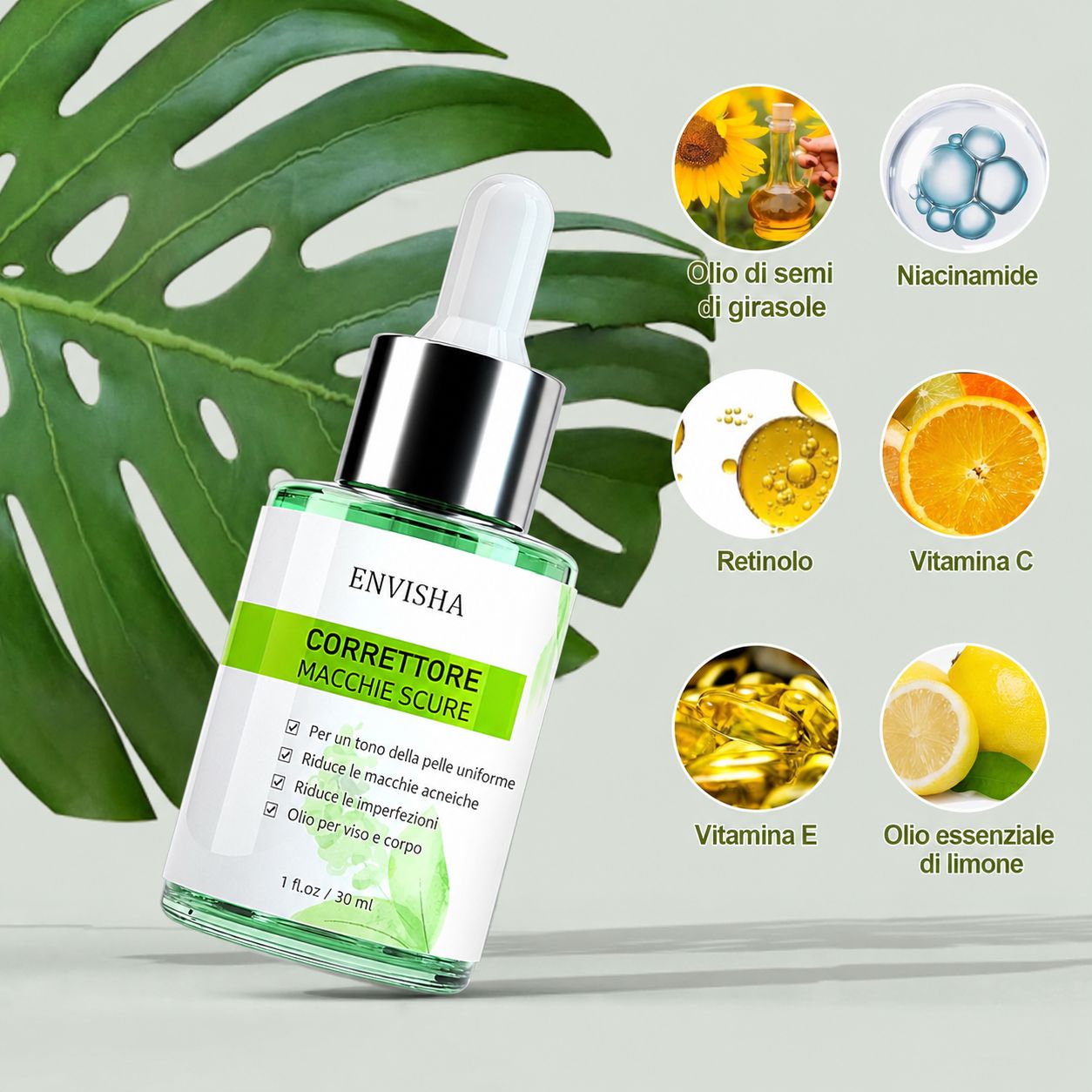 Flacone di vetro verde con contagocce. ENVISHA Corrector Oil. Ingredienti: olio di girasole, niacinamide, retinolo, vitamina C, E, limone.