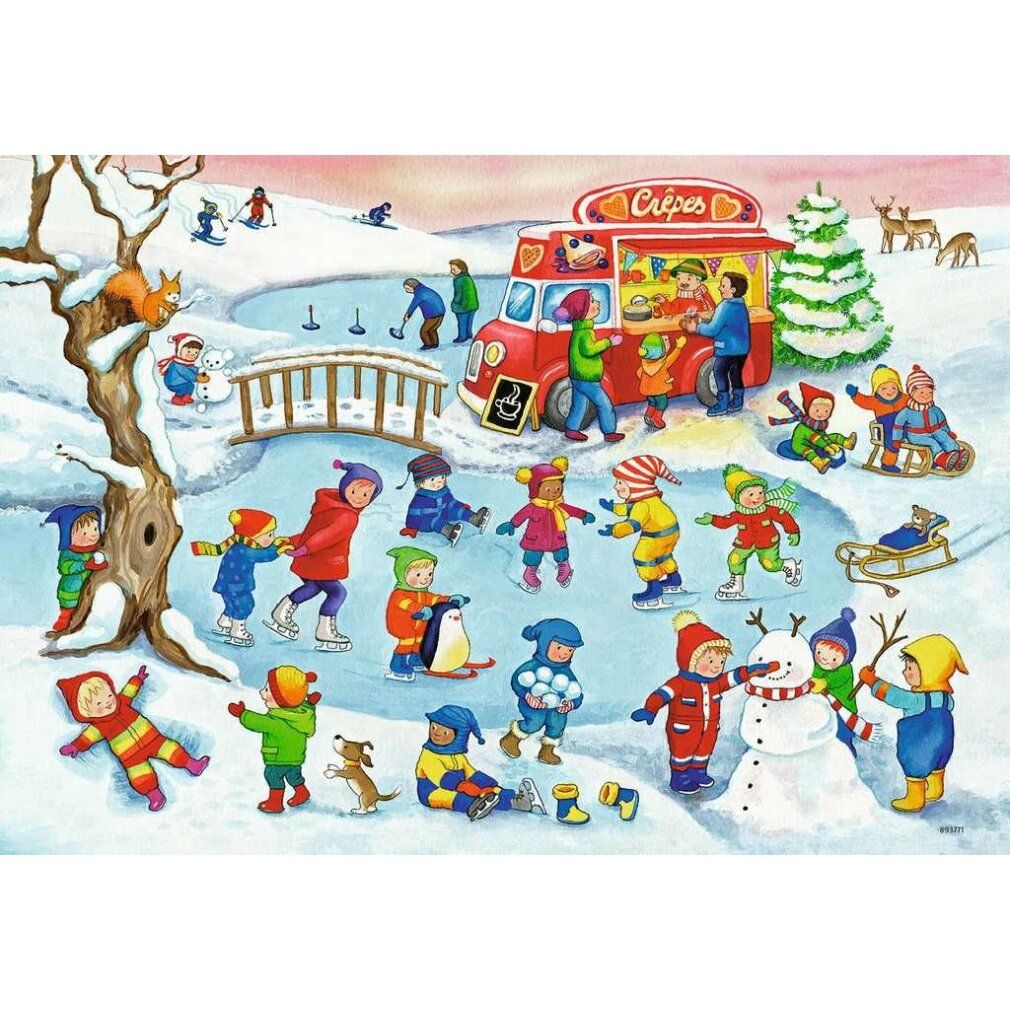 Puzzle con scena invernale: bambini che pattinano e fanno un pupazzo di neve. Pista di pattinaggio, fiocchi di neve, bambini con cappelli e sciarpe.