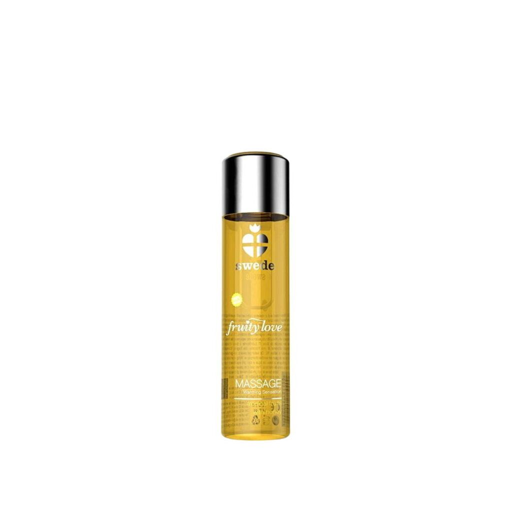 Flacone cilindrico con tappo argentato. Scritta: Swede, Fruity Love, Massage.