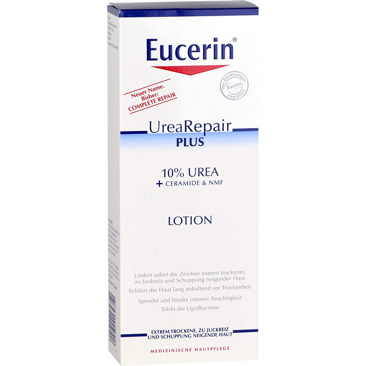 Eucerin UreaRepair PLUS 10% Urea Lotion in confezione bianca. Contiene urea, ceramidi e NMF. Adatto per pelli estremamente secche e soggette a prurito. Con la dicitura 'Nuovo nome. Finora: COMPLETE REPAIR'.
