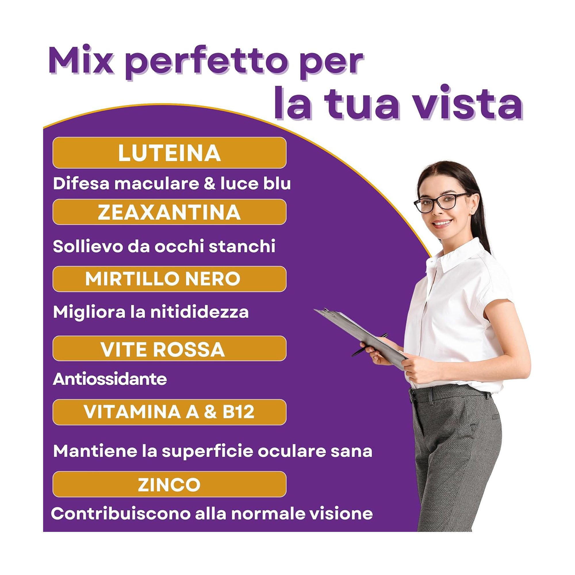 Etichetta Poemia Visionsol Complex: 90 capsule, Made in Italy, 100% Vegan, Ingredienti.